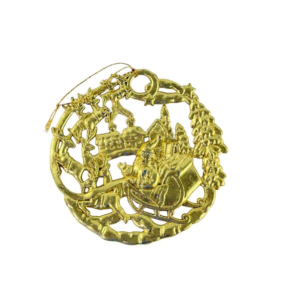 Vintage Gold Tone Santa Sleigh Reindeer Metal Christmas Ornament 4.5” - Picture 10 of 12